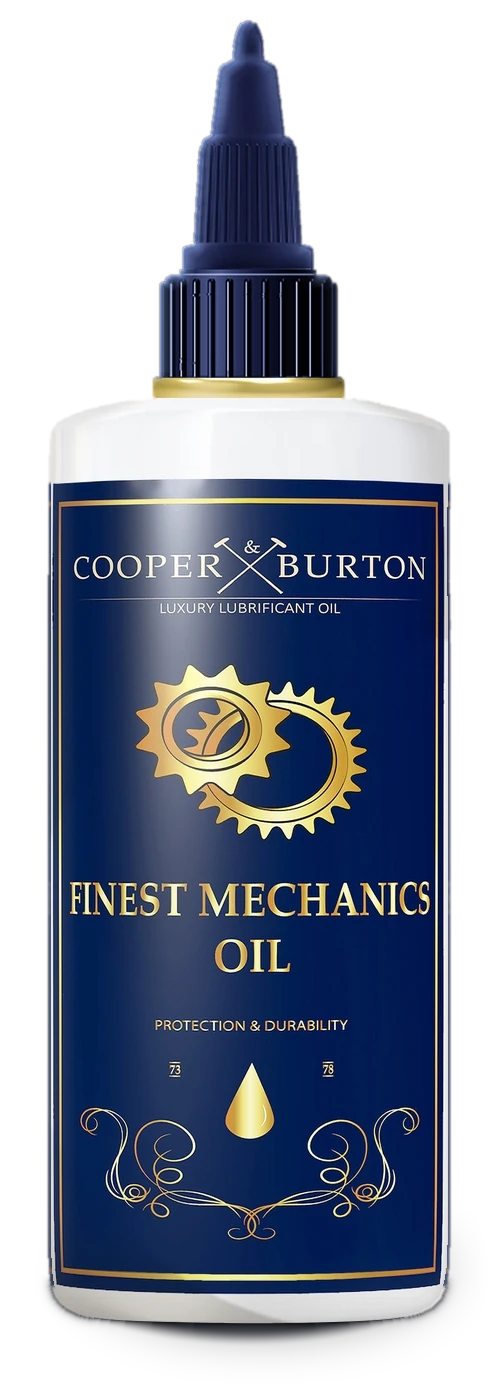 Finest Mechanics Oil, weiße Flasche mit dunkelblauem Goldetikett