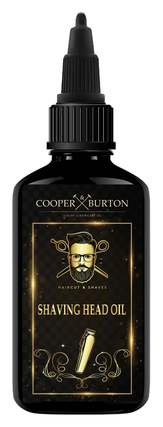 Shaving Head Oil, schwarze Tropfflasche mit Goldetikett