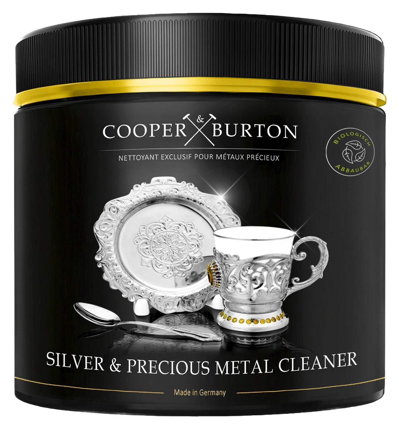 Silver & Precious Metal Cleaner, schwarze Dose mit Silberservice